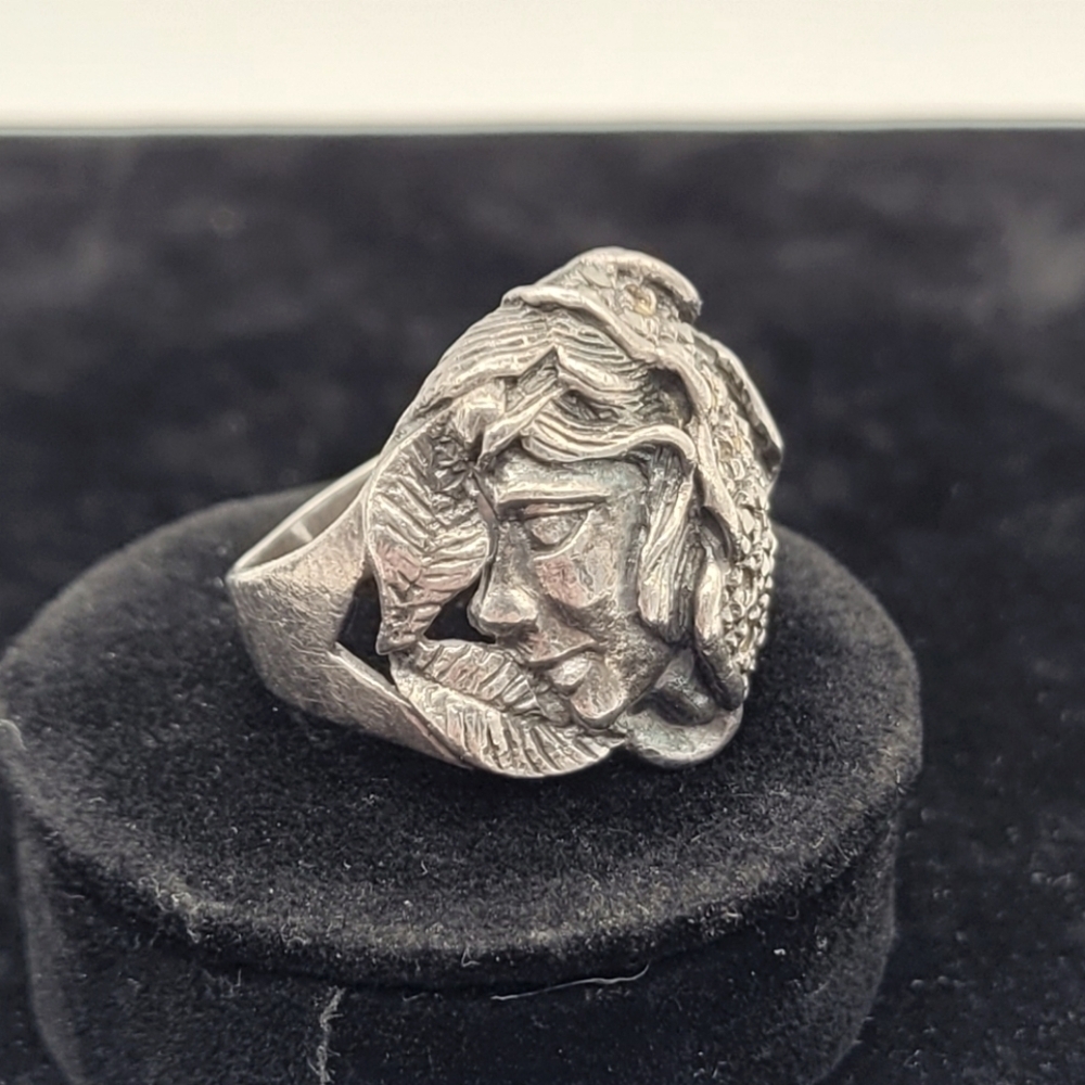VINTAGE STERLING SILVER RETRO CARVED LADY FACE MARCASITE WIDE BAND RING … - Picture 2 of 5
